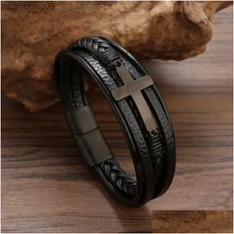 Bangle High Quality Cross Stainless Steel Leather Bracelet Charm Magnetic Men Genuine Braided Punk Rock Bangles Jewelry Drop Delivery Dhhzv