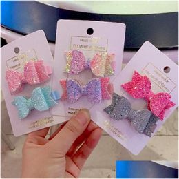 Hair Clips Barrettes 12Pcs/Lot Glitter Pink Leather Bow Clip Blue Grey Girls Sparkly Barrette Rainbow Hairpin Aaccessories 1Setis2 Dhh9X