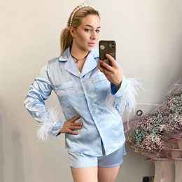 Summer Pajamas Womens Home Clothing Sets Fashion Casual Shirts Shorts Suits Ladies Sleepwear Feather Detachable 252I