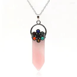 Pendant Necklaces FYJS Unique Silver Plated Rose Pink Quartz Link Chain Necklace With Small Stone Beads Healing Chakra Jewellery