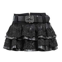 Dark Academia Pu Leather Lace Patchwork Mini Skirt with Belt Women Sexy Japanese Y2k Harajuku Skirts Gothic Short Black Faldas 240516