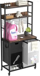 Laundry Bags Rolling Hamper With Shelves And Hooks Large Sorter 2 Section X 14.8 Gallons(112L) Rustic Brown Black