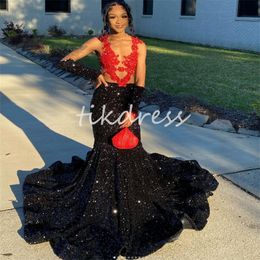 Shine See Through Prom Dresses With Red Appliques Sparkly Black Sequin Mermaid Evening Dress 2024 Sweep Train Black Girls Birthday Formal Occasion Party Gown 2024