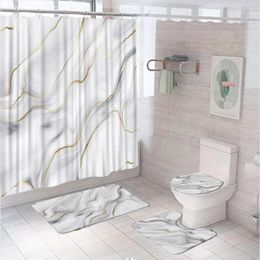 Shower Curtains 4Pcs Gold Grey Marble Texture Bathroom Curtain Sets With Bath Mat Non-Slip Rugs Toilet Lid Cover Abstract Art Tub Screen