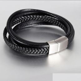 Charm Bracelets Classic Genuine Leather Bracelet For Men Mtilayer Black Brown Woven Rope Wristband Stainless Steel Clasp Boys Cool Je Dhtkn