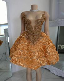 Party Dresses Golden Sparkly Short Prom Homecoming For Black Girl 3D Rose Skirt Luxury Diamond Birthday Gala Ceremony Cocktail Gown