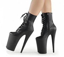 Wide Calf Black Crossdressed Heels Pole Dance Dominatrix Short Female Boots Lace Up Spike High Heels 20Cm Platform Shoes1423276