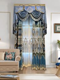 Blue Grey hollowed out embroidery window screen chenille curtains for living room bedroom bay window french window Customised