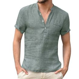 Men's Dress Shirts High Quality New MenS Linen V Neck Bandage T Shirts Male Solid Colour Long Sleeves Casual Cotton Linen Tshirt Tops Q240528