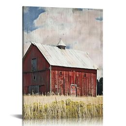 Canvas Barn Wall Art Canvas Wood Background Home Decor Maroon Red Farmhouse in Grey Rustic Print Decoration for Bathroom Kitchen Basement