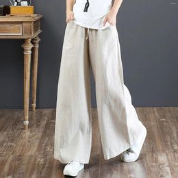 Women's Pants Wide Leg Solid Color Trousers High Waist Cotton Linen Fashion Bell Style Plus Size Straight-Leg