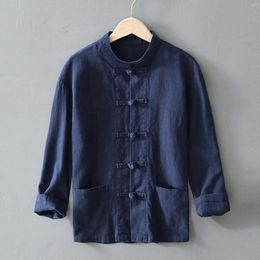 Men's Casual Shirts 2024 Long Sleeve T-Shirt Solid Colour Loose Shirt Cotton Linen Men Tops