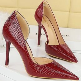 Women 11cm High Heels Stiletto Pumps Pointed Toe Wine Red Nude Heels Lady Side Hollow Patent Leather Wedding Evening Party Shoes 240529