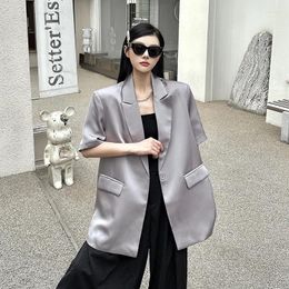 Women's Suits Real S Price - Grey Petite Acetic Acid Suit Jacket Women Summer Loose Short Sleeve Satin Female Office Lady Top
