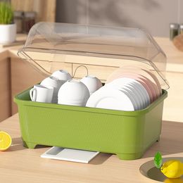 Dish Drainer Storage Kitchen Organizer with Lid Dust Proof Drainable Plastic Cabinet Dishes Storage Rack Kitchen Accessories 240529