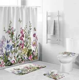Shower Curtains Flower Pattern Bathroom Curtain Toilet Mat Set 3D Digital Printing Waterproof Polyester With Hooks For