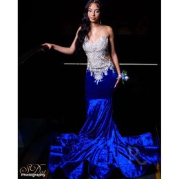 Sexy Royal Blue Mermaid Prom Dresses 2024 Veet Illusion Back Sleeveless Appliques Beading Birthday Party Gowns Robe De Bal 0529