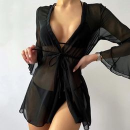 Women Mesh Cover Up Short Dress Beach Wrap Sexy Bikini Lace Ruffle Trim V Neck Long Sleeve Drawstring Waist Smock Transparent