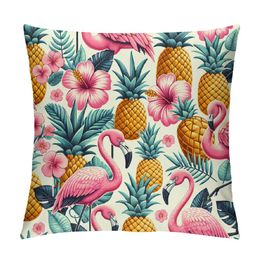 Tropical Flamingo Pillow Covers,Pineapples Flowers Decor Throw Pillow Case Square Cover Summer Farmhouse Decorations for Home Living Room Bed Sofa