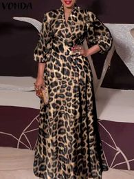 Plus Size 5XL VONDA Bohemian Dress Elegant Women Leopard Print Dress Long Lantern Sleeve Loose V Neck Casual Party Sundress 240529