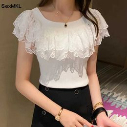 Women's T-Shirt Leisure lace knitted top for womens 2024 fashionable elastic white black purple top sexy womens Kawaii T-shirt Korean clothing S2452811