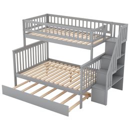 Multiple Use Twin over Full Bunk Bed with Trundle and Staircase,Storage Space,Comfortable For Children Bedroom,Gray