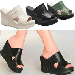 Genuine Goth Leather Punk Sandals Women's Platform Wedge High Heels Slippers Open Toe Slide on Party Pumps 34 35 36 37 3 7d0