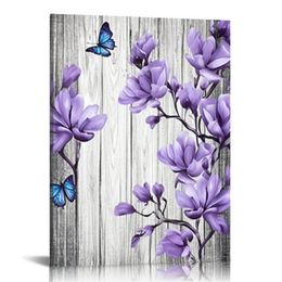 Purple Wall Decor Abstract Flowers and Butterfly Painting Purple Canvas Wall Art Amazing Grace Print Bathroom Bedroom Home Office Wall Decoration, Artwork