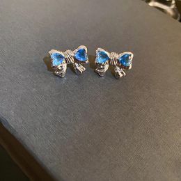 Stud Earrings Blue Zircon Bowknot For Women 2024 Trending Bohemian Style Bling Jewelry 925 Silver Needle
