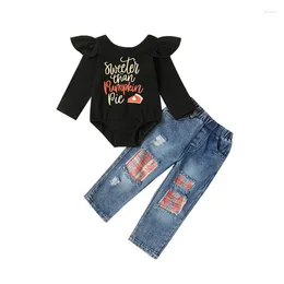 Clothing Sets Toddler Girls 2PCS Pants Black Long Sleeve Letter Pumpkin Pie Print Romper Ripped Jeans
