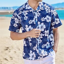 Men's Casual Shirts 2024 Loose Breathable 3D Printing Shirt Hawaiian Button Summer Beach Blue/white Short Sleeve Oversized 5XL