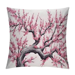Japanese Throw Pillow Cushion Cover, Branch of a Flourishing Sakura Tree Flowers Cherry Blossoms Spring Theme Art, Decorative Square Accent Pillow Case