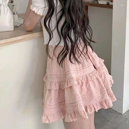 Skirts Japanese Sweet Girl Mini Pink Skirt Summer High Waist Ruffle Cake Lolita Korean Harajuku Y2k Aesthetic Swing Pleated Fairy