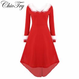 Women Female Christmas Long Sleeve Dress Bodycon Holiday Family Party Dress Faux Fur Collar Xmas Party Mrs Santa Claus 290s