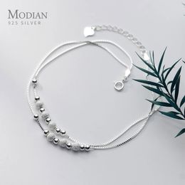 Modian Sterling Silver 925 Rose Gold Colour Frosted Ball Light Beads Anklet for Women Snake Bone Chain Korea Style Fine Jewellery 240529