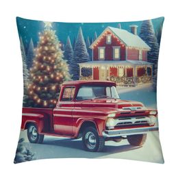 Vintage Farmhouse Christmas Kissenbezug roter LKW und Haustier Hunde Winterkissenabdeckung Hidden Reißverschluss Design Indoor Home Decor Throw Pillow Hülle