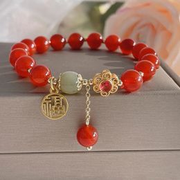 Natural Red Agate Blessing Card Bracelet Womens National Fashion Jequirity Bean Beaded Hetian Jade Bracelet Gifts for Girlfrien 240529