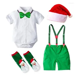 Clothing Sets Born Baby Boy Christmas Clothes Set With Bow Tie 1st White Romper Shorts Hats Socks Outfits 4PCS 3 6 9 12 18 24M