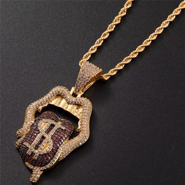 Hip Hop Claw Setting CZ Stone Bling Iced Out Dollars Mouth Tongue Pendants Necklaces for Men Rapper Jewelry Drop Shipping 2065
