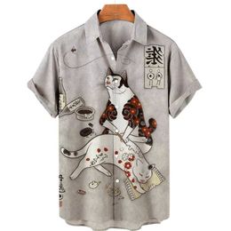 Men's Dress Shirts Unisex Mens Hawaiian shirts 3D Prints Vintage Japanese Samurai Cat Graprhics Shirts Harajuku Short Sleeve Tee Tops For boys Q240528