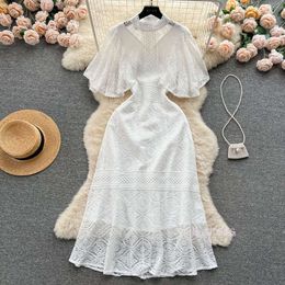 European style thousand gold style lace dress womens summer embroidery hollowed out design lotus leaf sleeves high-end feeling temperament princess skirt