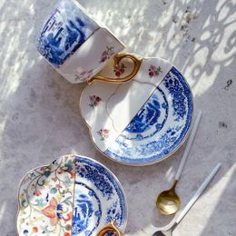 Mugs Blue And White Porcelain Coffee Cup With Saucer European Classical Painted Golden Stroke Teacup Home Afternoon Tea Ceramic Mug