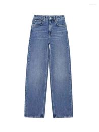Women's Jeans ZABA Fashion Casual High Street Waist Straight Washed Blue Narrow Wide Leg Button Zip Pants