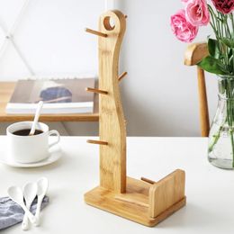 Bamboo Coffee Tea Cup and Saucer Rack Storage Holder Stand Home Kitchen Mug Hanging Display Drinkware Shelf With 6 Hooks 240529