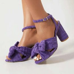 Towel Terry Green Purple Solid Sandals Knitted Fabric Open Toe Sweet Lady Summer Shoes Block High Heels Wo b71