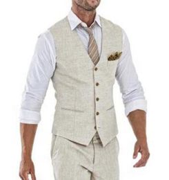 Men039s Vests Beige Linen Men Vest For Wedding Summer Suit One Piece WasitCoat V Neck Custom Groom Tuxedo Wasit Coat Fashion6794932