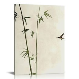 Canvas Wall Art Bamboo And Bird Canvas Print Artwork Ink Style Wall Art Paintings Framed Ready to Hang for Living Room Dinning Room Bedroom Bathroom Home Decor