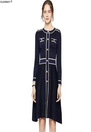 Autumn Women039s Long Sleeve Sweater Dress Brand Design Office Lady Bright silk decoration Retro Knit Dress Long style Dress 201669510