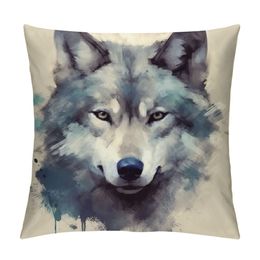 Vintage Animal Pillow Covers Smile Wolf Painting Decorative Pillow Case Farmhouse Cushion Cover for Sofa Couch Bed Car Home Pillowcase Decor