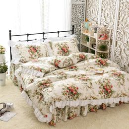 Bedding Sets Korean Style Set Bed Spread Ruffles Cotton Lace Embroidered Quilt Cover Floral Princess Girl Heart